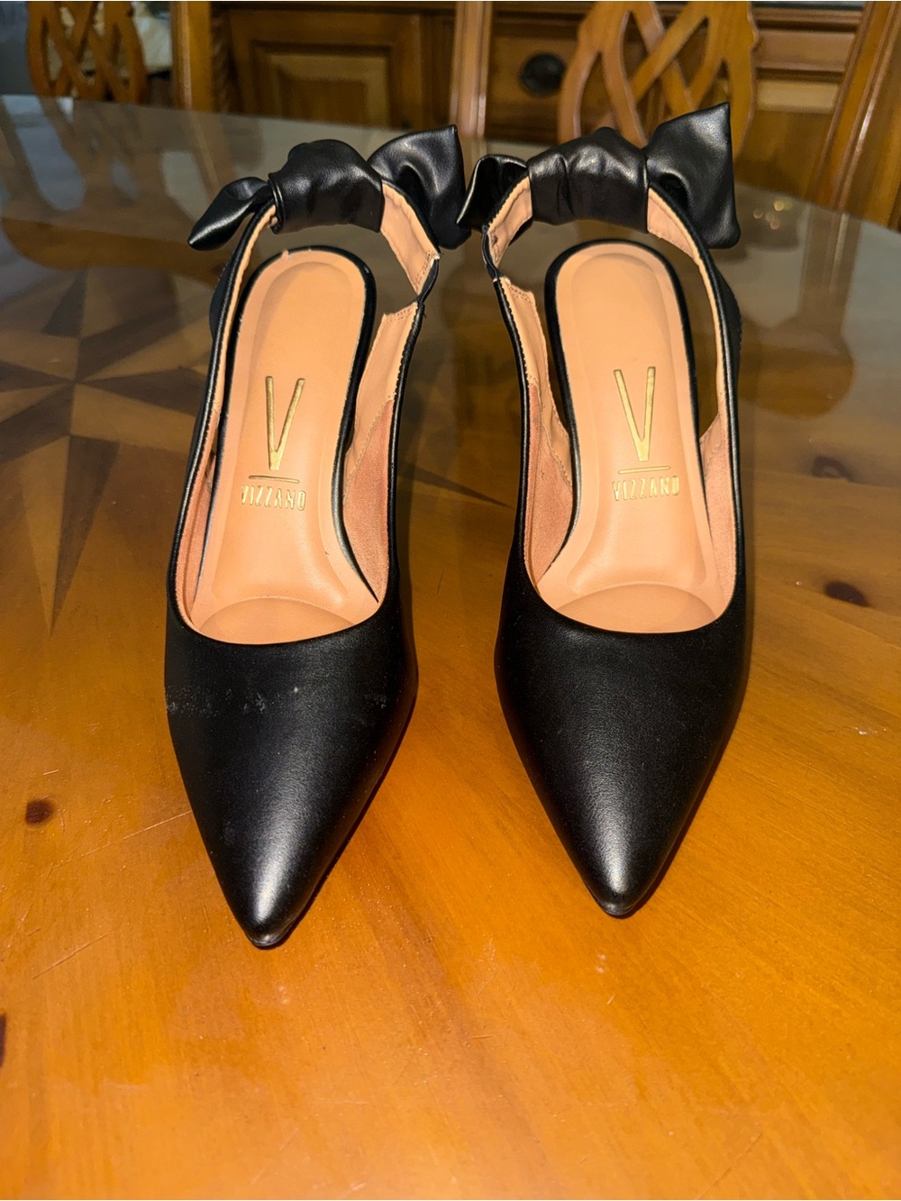 VIZZANO Black Pointed Bow Slingback Heels